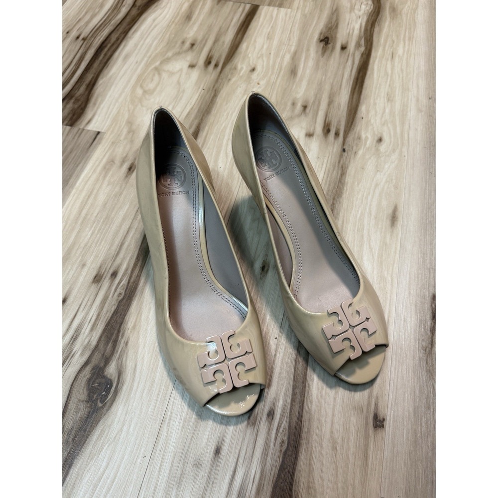 Tory Burch Lowell II Peep Toe Beige Wedge Pump Women Size 8.5 Rare